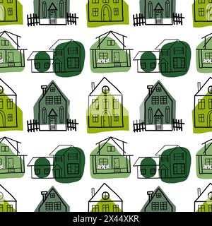 Pattern vettoriale senza giunture. Edifici residenziali disegnati a mano su un tablet in nero e verde. Case private con finestre, aiuole, recinzioni. Illustrazione Vettoriale
