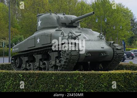 Bayeux, Francia - 28 aprile 2024: Carro armato canadese M4A5 Grizzly durante la seconda guerra mondiale. Messa a fuoco selettiva Foto Stock