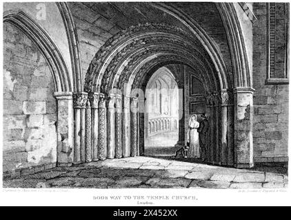 Incisione intitolata The Doorway to the Temple Church, London UK scansionata ad alta risoluzione da un libro pubblicato intorno al 1815. Ritenuto privo di copyright. Foto Stock