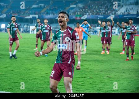 Kolkata, India. 29 aprile 2024. Il Mohunbagan Super Giants (MBSG) di Kolkata batte l'Odisha FC entro il 2-0 per raggiungere la 1° finale ISL il 28 aprile 2024 allo stadio Salt Lake di Kolkata. I marcatori sono Jasson Cummings e Sahal Abdul Samad. (Foto di Amlan Biswas/Pacific Press) credito: Pacific Press Media Production Corp./Alamy Live News Foto Stock