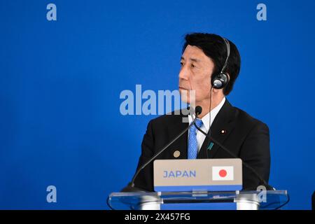 Torino, Italia. 30 aprile 2024. Ken Saito, Ministro dell'economia giapponese, interviene durante la conferenza stampa finale, riunione del Ministro del G7 sul clima, l'energia e l'ambiente. Credito: Migliori immagini/Alamy Live News Foto Stock