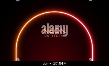 Luce ad arco al neon. Arco luminoso su sfondo nero. Gate laser 3D con gradiente. Tunnel LED nei colori arancione e rosso. Modello per la progettazione con testo. Illustrazione Vettoriale