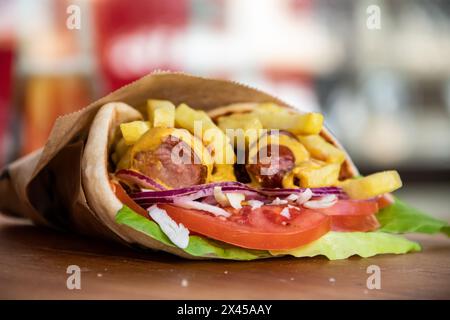 Tortilla saporita con salsicce salate, patatine fritte, insalata verde, pomodori, cipolle, e cavolo, tutto confezionato per un pasto da asporto Foto Stock