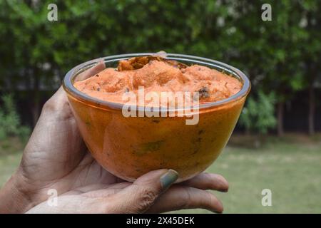 Cibo indiano - Kashmiri Dum Aloo o patate con sugo di carne rosso servite in ciotola. Punjabi dum aloo serve all'aperto Foto Stock