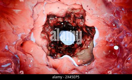 Probiotici nel tratto intestinale. endoscopia attraverso l'intestino. Microbiota, Capsula per pillole con vitamine per l'apparato digerente, trattamento del dolore allo stomaco, Rosso Foto Stock