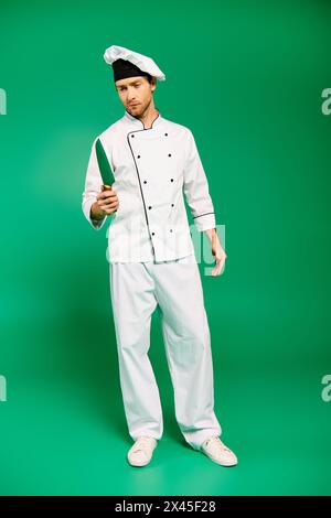 Un carismatico chef maschile in uniforme bianca brandendo con sicurezza un coltello. Foto Stock
