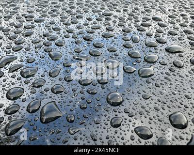 Una superficie bagnata con molte piccole gocce d'acqua sparse su di essa. Le goccioline sono di varie dimensioni e sono distribuite in direzioni diverse, create Foto Stock