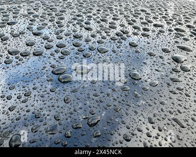 Una superficie bagnata con molte piccole gocce d'acqua sparse su di essa. Le goccioline sono di varie dimensioni e sono distribuite in direzioni diverse Foto Stock