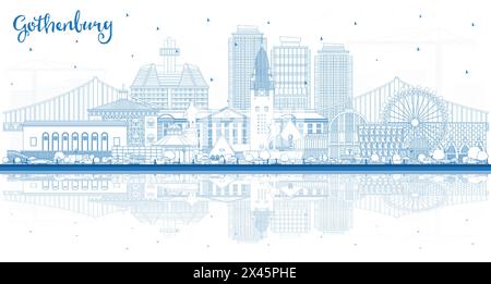 Delinea lo skyline della città svedese di Goteborg con edifici e riflessi blu. Illustrazione vettoriale. Paesaggio urbano di Goteborg con monumenti storici. Illustrazione Vettoriale