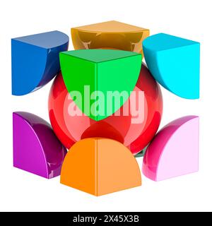 BCC (Body Centered Cubic Structure) o logotipo colorato astratto, rendering 3D isolato su sfondo bianco Foto Stock