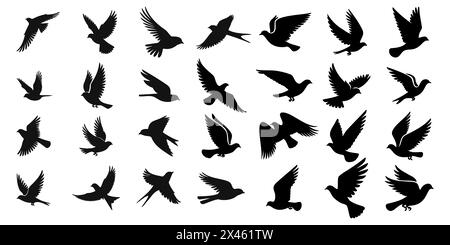 Set di silhouette di uccelli volanti in stile piatto su sfondo bianco. Illustrazione vettoriale. Illustrazione Vettoriale