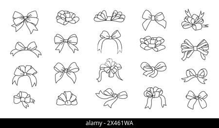 Set stile doodle con arco a nastro. Fiocchi decorati per San Valentino o per matrimoni. Elementi artistici in linea in bianco e nero per il presente, la celebrazione, le congratulazioni. Illustrazione vettoriale isolata su sfondo bianco. Illustrazione Vettoriale