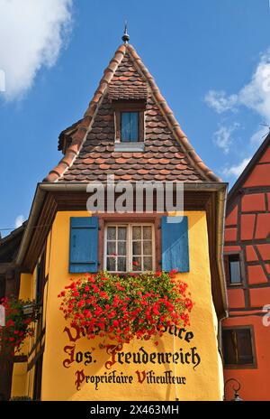 Parte del pittoresco edificio di Joseph Freudenreich & Sons, viticoltori e venditori, nel villaggio medievale di Eguisheim, Alsazia, Francia Foto Stock