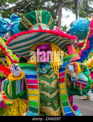 Personaggi in costume vestiti da caramelle nella sfilata del Carnevale di la Vega. Repubblica Dominicana. La prima celebrazione documentata del Carnevale in quello che è ora Foto Stock