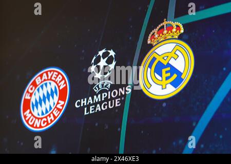 Brasile. 30 aprile 2024. In questa immagine, gli scudi delle squadre del Bayern Monaco e del Real Madrid che giocano nella semifinale della UEFA Champions League questo martedì, 30 aprile 2024, presso l'Allianz Arena di Monaco, Germania. (Credit Image: © Rafael Henrique/SOPA Images via ZUMA Press Wire) SOLO PER USO EDITORIALE! Non per USO commerciale! Foto Stock