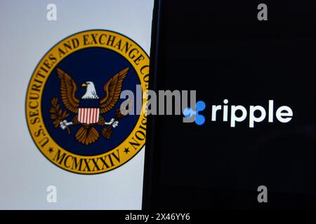 Vancouver, CANADA - aprile 30 2024 : il logo Ripple è visibile in uno schermo iPhone su SEC (U.S. Securities and Exchange Commission) Foto Stock