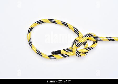 Nodo Bowline su corda in nylon giallo e nero su sfondo bianco. Foto Stock