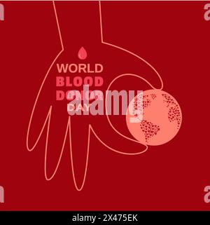 Concetto di poster dei vettori medici per la donazione di sangue. Icona della giornata mondiale dei donatori di sangue. Mano umana, simbolo medico trasfusione goccia rossa illustrazione elemento di design. Illustrazione Vettoriale