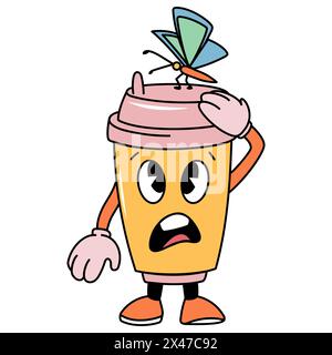 La tazza di caffè Vector Groovy Cartoon è caratterizzata da un'espressione sorprendente, mentre la farfalla sgancia sul coperchio Illustrazione Vettoriale