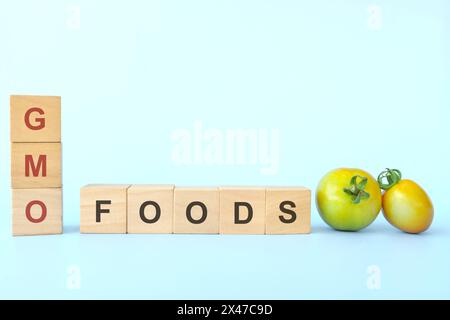 OGM o organismi geneticamente modificati concetto di alimenti e colture. Tipografia su sfondo blu. Foto Stock