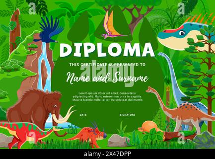 Dinosauri nella giungla tropicale, diplomi per bambini con divertente cornice vettoriale di animali dino. Certificato cartoni animati con i personaggi di brachiosaurus, mammut, triceratops, velociraptor e pterodattili Illustrazione Vettoriale