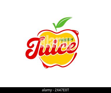 Icona del succo di mela, etichetta della bevanda di frutta fresca. Simbolo vettoriale isolato della mela gialla matura con gocce succose e foglia verde. Succo naturale, cocktail fruttato estivo o bevanda frullato vitaminico Illustrazione Vettoriale