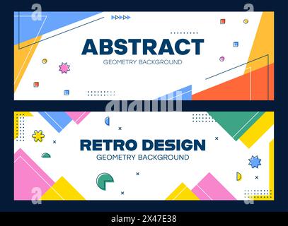 Abstract modern geometric Memphis flyers and banners with minimal shape elements, vector backgrounds. Memphis simple figures and retro futuristic tech shapes of minimalistic waves, circles and stars Illustrazione Vettoriale