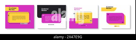 Modello di revisione delle testimonianze. Frame di feedback dei clienti con virgolette. Caselle di intervento delle testimonianze dei clienti vettoriali, post sui social media, banner Web o commenti. Layout di stile moderno o bordi dei messaggi Illustrazione Vettoriale