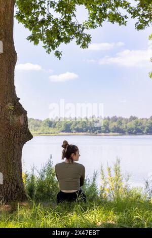 In questo ambiente tranquillo, una donna siede premurosamente sotto il baldacchino di un albero, affacciato su un lago tranquillo. La composizione bilancia la grandezza della natura con un elemento umano personale e introspettivo. Pensiva donna che guarda il lago da Shady Tree Spot. Foto di alta qualità Foto Stock