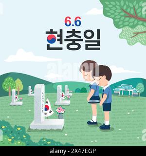 Memorial Day coreano. Bambini che onorano eroi che hanno sacrificato la loro vita per il loro paese. Korean Memorial Day, traduzione coreana. Illustrazione Vettoriale