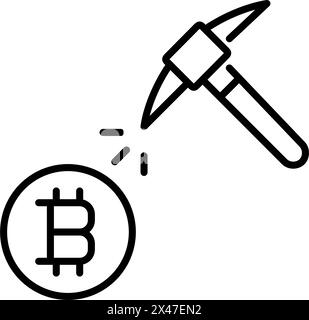 Strumento minerario crittografico. Piccone accanto al simbolo Bitcoin. Vettore pixel Perfect Illustrazione Vettoriale