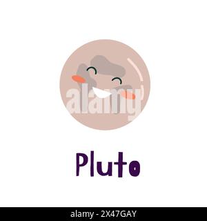 Il pianeta del sistema solare - illustrazione vettoriale di Plutone con testo. Per tessera bambino, banner didattico e poster. Illustrazione Vettoriale