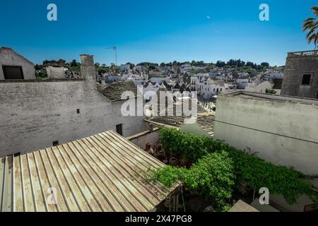 Bellissime case in pietra Trulli con stradine strette nel paese di Alberobello. Pittoresco villaggio su una collina in Puglia, italia meridionale. Alberi verdi e. Foto Stock