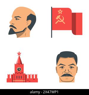 Set di icone piatte dei simboli dell'URSS. Leader comunisti russi, bandiera sovietica e torre del Cremlino. Illustrazione vettoriale. Illustrazione Vettoriale