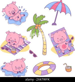 Vacanza al mare. Simpatici maiali che prendevano il sole riposarsi e nuotare, tuffarsi in acqua, accessori per la spiaggia, cerchio di gomma, palma e ombrellone. Nasello isolato Illustrazione Vettoriale