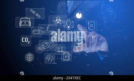 simboli relativi al problema della decarbonizzazione della vita sul pianeta e agli affari con la tecnologia blockchain Foto Stock