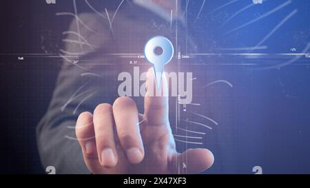 Un uomo d'affari con un punto luminoso sul dito punta verso un simbolo di posizione sullo sfondo di sistemi di coordinate e curve. CG. Foto Stock
