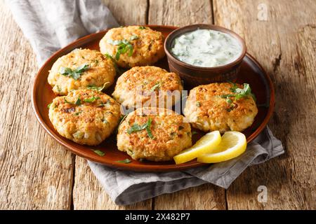 Frittelle di ceci con salsa per immersione allo yogurt primo piano nel piatto sul tavolo. Orizzontale Foto Stock