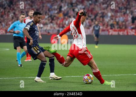 Monaco, Germania. 30 aprile 2024. Calcio: Champions League, Bayern Monaco - Real Madrid, round a eliminazione diretta, semifinale, andata all'Allianz Arena. Leroy sane di Monaco segna per 1-1. Crediti: Sven Hoppe/dpa/Alamy Live News Foto Stock