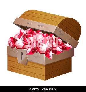 Vecchio petto in legno con gemme rosse diamanti cristalli illustrazione vettoriale del tesoro in stile gioco isolato Illustrazione Vettoriale