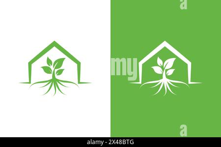 Modello minimalista con logo Home e LEAF. Logo ECO Home. Illustrazione Vettoriale