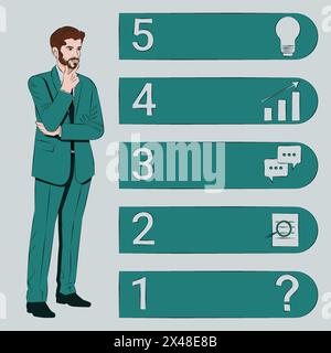 Un uomo utilizza 5 fasi per identificare un problema o un'opportunità nel processo decisionale. Concetto di business. Illustrazione vettoriale. Illustrazione Vettoriale