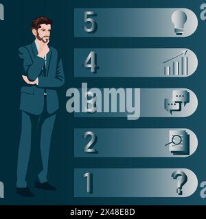Un uomo utilizza 5 fasi per identificare un problema o un'opportunità nel processo decisionale. Concetto di business. Illustrazione vettoriale piatta. Illustrazione Vettoriale