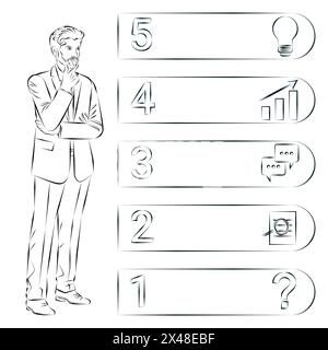 Un uomo utilizza 5 fasi per identificare un problema o un'opportunità nel processo decisionale. Concetto di business. Schizzo. Illustrazione vettoriale. Illustrazione Vettoriale