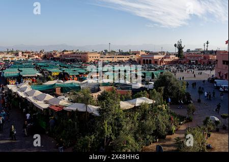 Dall'alto, piazza Jemaa el-Fnaa, grandi alberi sorgono in primo piano del vivace mercato che si estende in lontananza. Foto Stock