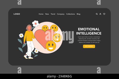 Web o landing page in modalità notte o buio di Emotional Intelligence. Un'illustrazione evocativa che approfondisce l'intelligenza emotiva, esplorando la gestione delle emozioni e il potere dell'empatia. Illustrazione Vettoriale