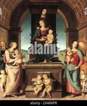 PERUGINO, Pietro (B. 1450, città della Pieve, d. 1523, Perugia) la famiglia della Madonna 1500-02 olio su legno, 296 x 259 cm Musée des Beaux-Arts, Marsiglia le 13 persone rappresentate sono (da sinistra, il loro nome è indicato nella gloria intorno alle teste): Giuseppe, il piccolo Giuseppe di Arimatea, Maria di Cleofa con Giacobbe il meno tra le braccia, Anna (sul trono con Maria e il bambino), Simone e Taddeo (sotto il trono), Maria Salomè, moglie di Zebedeus con il figlio Giovanni Battista in braccio a heer, il ragazzo Giacobbe il maggiore, e infine, Joachim. Il dipinto è stato commissionato da Foto Stock