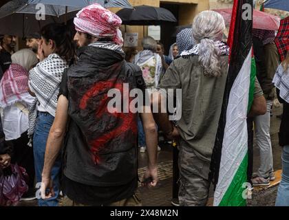 Beirut, Libano. 30 aprile 2024. Studenti e ex studenti al di fuori dell'Università americana di Beirut, ispirati dalle proteste del campus negli Stati Uniti, protesta per la dismissione universitaria da Israele a Beirut, Libano, il 30 aprile 2024. (Foto di Collin Mayfield/Sipa USA) credito: SIPA USA/Alamy Live News Foto Stock