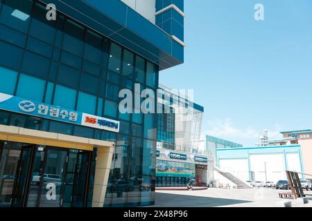 Isola di Jeju, Corea - 25 aprile 2024: Hallim Suhyup Bank e mercato del pesce Foto Stock