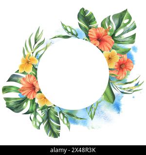 Foglie di palma tropicale, monstera e fiori di plumeria, ibisco, brillante succosa. Illustrazione botanica ad acquerello disegnata a mano. Modello, cerchio del telaio Foto Stock